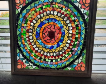 GEOMETRIC  MANDALA SUNCATCHER, Contemporary, wood Framed Hand Cut Glass, Mosaic, Wall Decor, Patio and Garden Decor 15x15&quot;