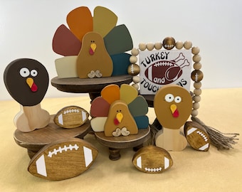 WHIMSICAL TURKEYS, LEGS, Footballs, Signs & Bead Garland | Thanksgiving | Chunky | Wooden | Autumn | Tiered Tray Decor | Shelf Sitter | Fall