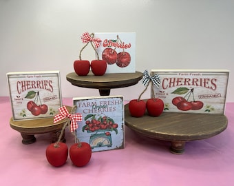 Wooden CHERRIES and Vintage SIGNS | TIERED Tray Decor | Shelf Sitter | Bowl Filler | Farmhouse Kitchen | Wood Fruit | Summer Table | Country