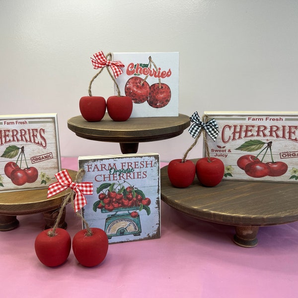 Wooden CHERRIES and Vintage SIGNS | TIERED Tray Decor | Shelf Sitter | Bowl Filler | Farmhouse Kitchen | Wood Fruit | Summer Table | Country