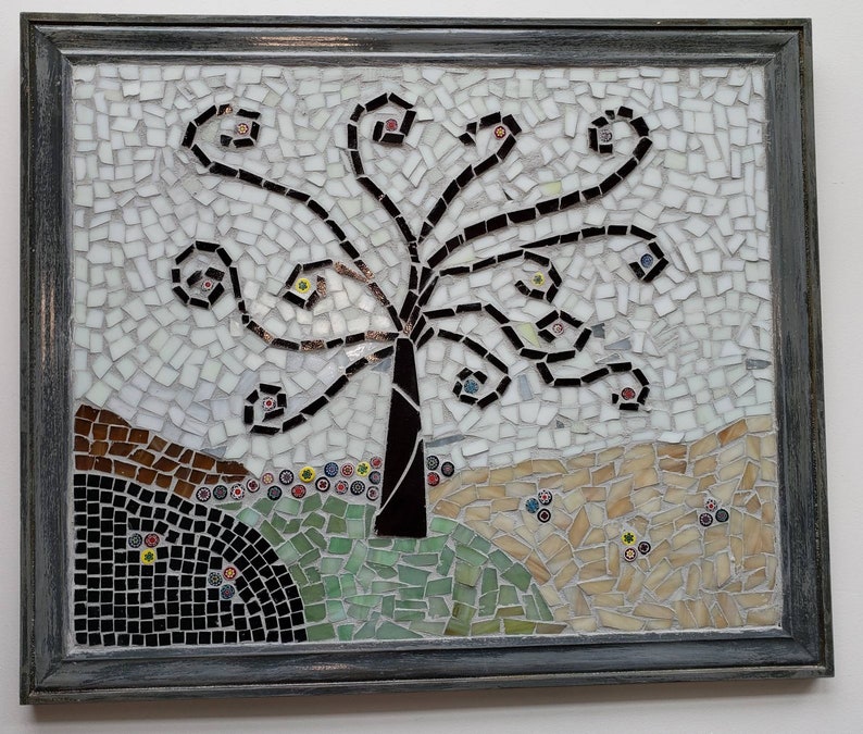 MOSAIC TREE of Life Wall Art Weathered Gray Wood Framed Hand Etsy