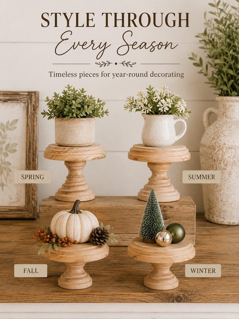 May include: A display of seasonal decor on wooden pedestals. The image features a small potted plant for spring, a pitcher of flowers for summer, a pumpkin and pinecone for fall, and a small tree and ornaments for winter. Text reads "STYLE THROUGH Every Season."