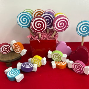 Wooden CANDY PIECES and LOLLIPOPS | Tiered Tray Décor | Farmhouse | Halloween | Christmas | Valentine’s Day | Gift | Birthday Decoration |