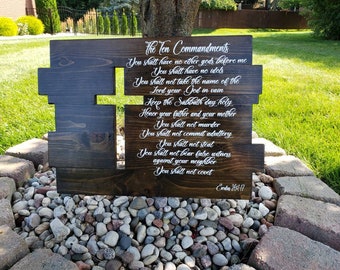 Ten Commandments 24 x 18 inch | Rustic Cross | Wood | Church | Bible Verse | Christian Wall Art | Unique Gift | Housewarming | Wedding