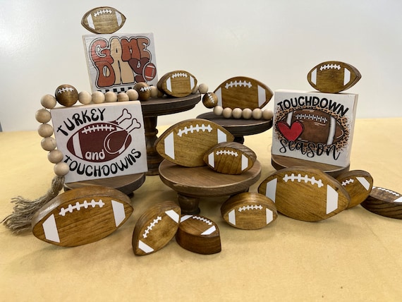 FOOTBALLS, SIGNS, and BEADS | Wooden | Autumn | Tiered Tray Decor | Boys Room | Shelf Sitter | Fall | Christmas Tree Ornament | Nfl