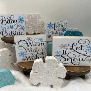 WINTER Signs, Sparkly SNOWFLAKES, and HATS | Wooden Tiered Tray Decor | Christmas Mantle | Shelf Sitter | Winter Table | Farmhouse Decor