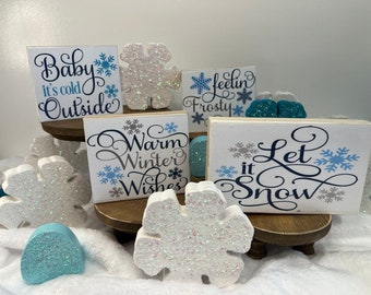 WINTER Signs, Sparkly SNOWFLAKES, and HATS | Wooden Tiered Tray Decor | Christmas Mantle | Shelf Sitter | Winter Table | Farmhouse Decor