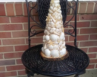 WHITE SHELL Christmas Tree 15" Tall | Holiday Ocean Decor | Christmas Beach Decor | Shelf Sitter | Mantle Decoration | Starfish