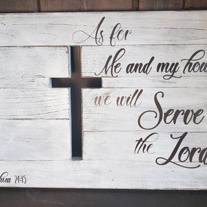 Large Wood White Washed Rustic Cross Sign-&quot;As for Me and My House We will Serve the Lord&quot; Approx 18 x 12 | WEDDING GIFT | Home Decor |