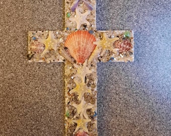 Shell embellished cross, Christian Wall Art, Wall Decor, Wedding, Housewarming, Unique Gift