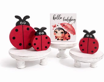 Ladybug Tiered Tray Decor Set, Ladybug Spring Decor, Ladybug Baby Shower Decor, Wooden Ladybug Sign, Flower Umbrella Decor, Rain Boot Decor
