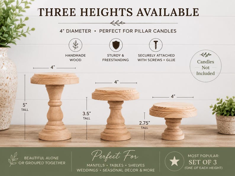 May include: Three wooden candle holders of varying heights. The tallest is 5 inches, the middle is 3.5 inches, and the shortest is 2.75 inches. Each has a 4-inch diameter top. The text says "Three Heights Available" and "Perfect for Pillar Candles."