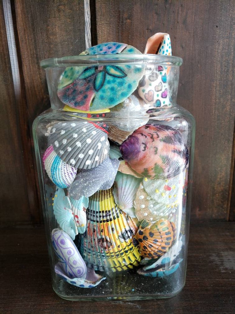 Glass Jar Full Of Hand Painted Sea Shells Beach House