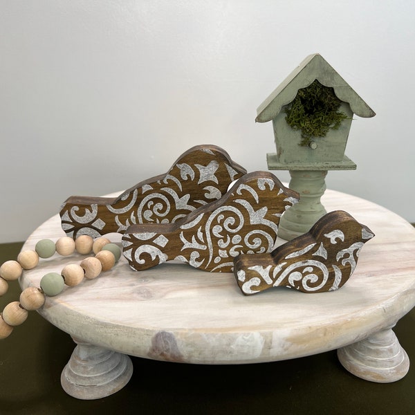 CHUNKY WOODEN BIRDS and Bead Garland | Tiered Tray Decor | Farmhouse | Wood | Mandala Style Print