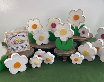 DAISIES and BLOOM for SUMMER | Wood Flowers| Tiered Tray | Shelf Decor | Windowsill | Gift for Mom | Vintage Sign | Primitive | Farmhouse
