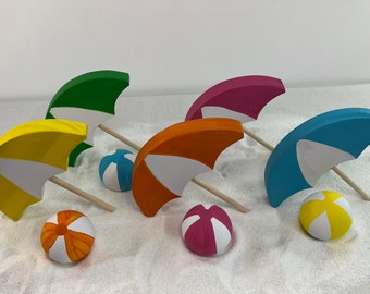 BEACH BALLS and UMBRELLAS for Summer | Wooden | Tiered Tray Decor | Farmhouse | Beach | Shelf Sitter | Ocean | Sunshine | Pool Party | Wood