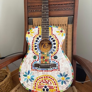 MOSAIC ACOUSTIC GUITAR, recycled guitar, heavy but playable, Wall Decor, Unique Gift, mosaic on front, back 42x15.5 hard case included
