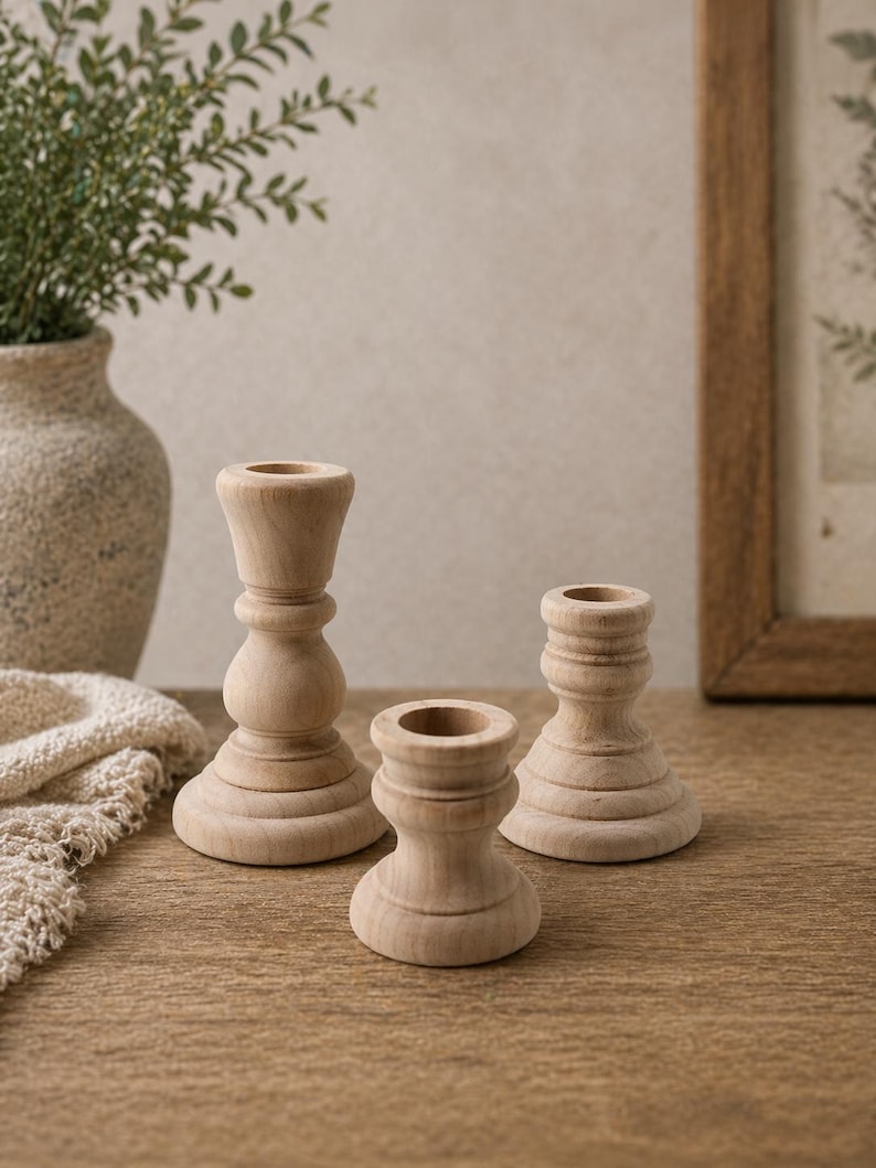 Peut inclure: Trois bougeoirs en bois non finis de hauteurs variables sont pos&eacute;s sur une surface en bois. Les bougeoirs ont un design tourn&eacute; avec une base circulaire et un dessus encastr&eacute; pour les bougies. Un vase avec de la verdure est en arri&egrave;re-plan.