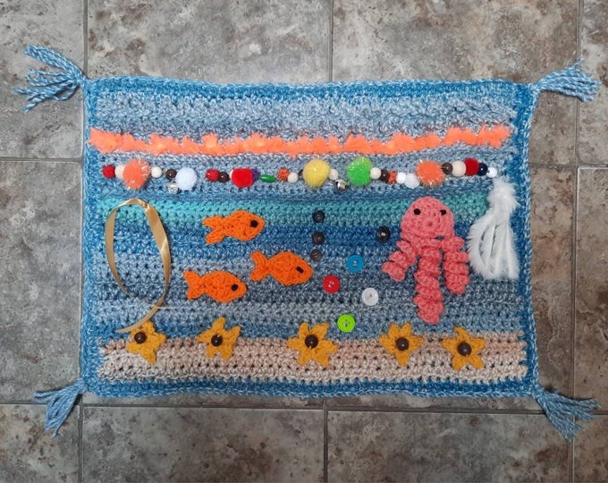 Blue OCEAN Crochet FIDGET BLANKET Washable L Sensory Lap Blanket for