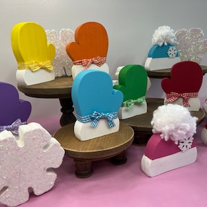 MITTENS, HATS, and Sparkly SNOWFLAKES | Wood | Tiered Tray Decor | Christmas Mantle | Shelf | Snow | Winter Table | Christmas | Housewarming