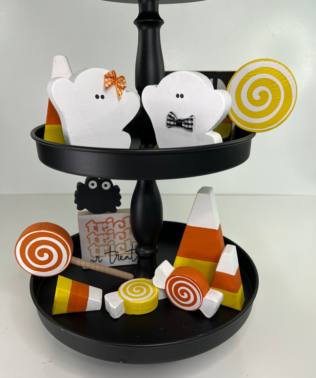 WOODEN GHOSTS COUPLE & Candy Corn Decor | Halloween | Fall Tiered Tray ...