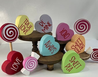 CHUNKY CONVERSATION HEARTS, Wooden Hearts Valentine's Day, Tiered Tray Decor, Holiday Blocks, Shelf Sitters, Love, Valentine's Day kids gift