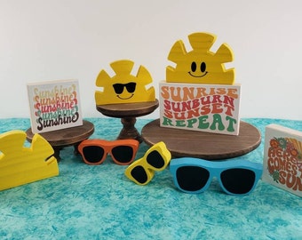 SUN, SUNGLASSS and SUMMER Signs | Wooden | Tiered Tray Decor | Farmhouse | Beach | Shelf Sitter | Ocean | Bowl Filler | Sunshine | Pool