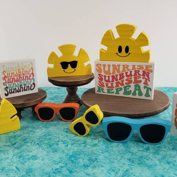 SUN, SUNGLASSS and SUMMER Signs | Wooden | Tiered Tray Decor | Farmhouse | Beach | Shelf Sitter | Ocean | Bowl Filler | Sunshine | Pool