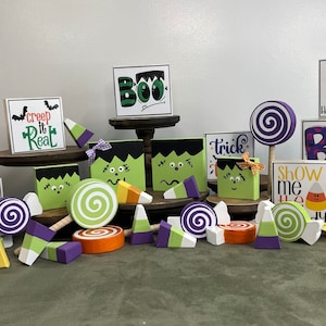 Fun Frankenstein Family | Candy Corn | Halloween | Fall Tiered Tray Decor | Shelf Sitter | Bowl Filler| Kitchen Table Decoration | Signs |