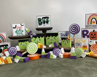 Fun Frankenstein Family | Candy Corn | Halloween | Fall Tiered Tray Decor | Shelf Sitter | Bowl Filler| Kitchen Table Decoration | Signs |
