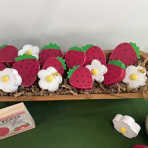 STRAWBERRIES, BLOSSOMS, and BEES | Vintage Sign | Primitive | Summer Tiered Tray Decor | Bubblegum Machine Filler | Shelf Sitter | Farmhouse