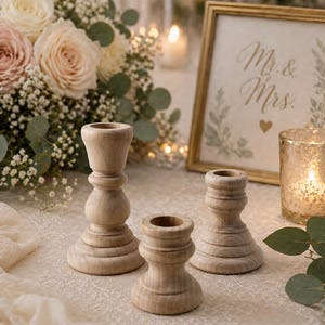 Peut inclure: Trois bougeoirs en bois de diff&eacute;rentes hauteurs sont pos&eacute;s sur une surface cr&egrave;me. Un bouquet de roses et de verdure est en arri&egrave;re-plan, ainsi qu'un panneau encadr&eacute; avec l'inscription "Mr. & Mrs." et une bougie allum&eacute;e.