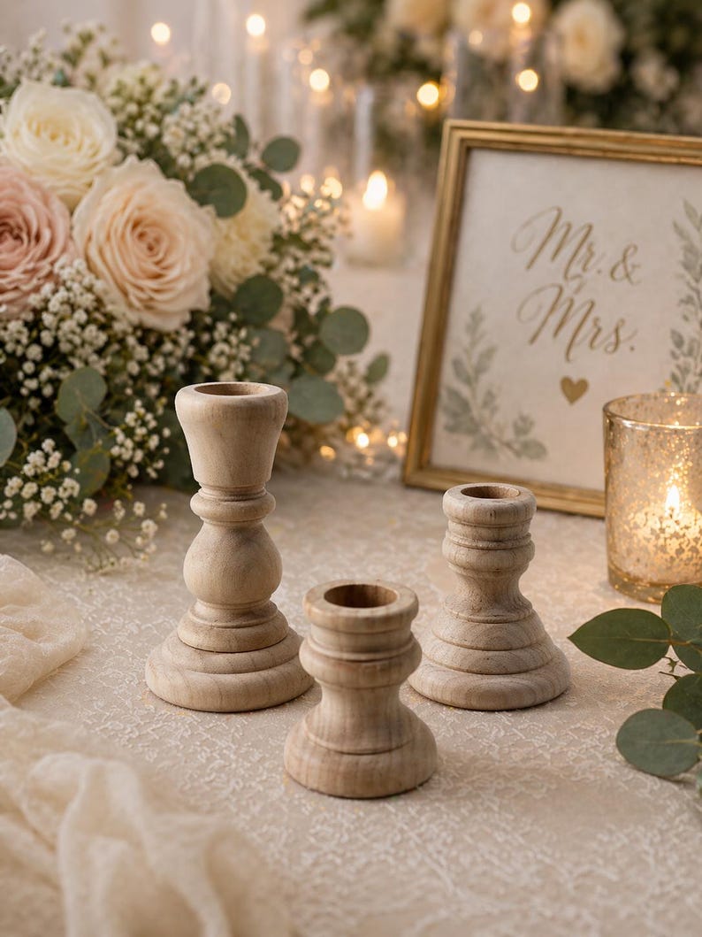 Peut inclure: Trois bougeoirs en bois de diff&eacute;rentes hauteurs sont pos&eacute;s sur une surface cr&egrave;me. Un bouquet de roses et de verdure est en arri&egrave;re-plan, ainsi qu'un panneau encadr&eacute; avec l'inscription "Mr. & Mrs." et une bougie allum&eacute;e.