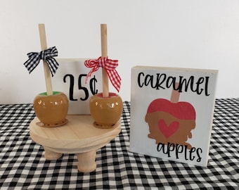 FALL TIERED TRAY Decor | Mini Caramel Apples and Signs | Wooden Caramel Apples