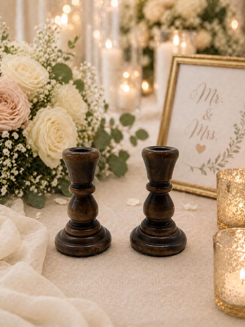 Peut inclure: Deux bougeoirs en bois brun fonc&eacute; de conception classique. Les bougeoirs sont pos&eacute;s sur une surface cr&egrave;me, avec un arrangement floral et des bougies en arri&egrave;re-plan. Une pancarte encadr&eacute;e indique "Mr. & Mrs."