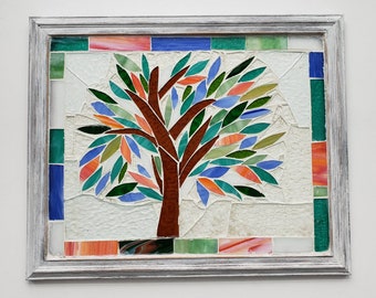 MOSAIC TREE of Life Wall Art, White Wash Wood Framed Hand Cut Glass Tree, Mosaic Tree, Wall Decor, Wedding, Housewarming, Unique Gift