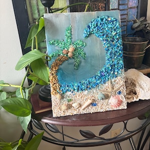 Wall Art IPalm treel |14x11"Gray shiplap Sea Shell Summer Decor | Crushed Shells l real mini coconuts | Beach House Decor