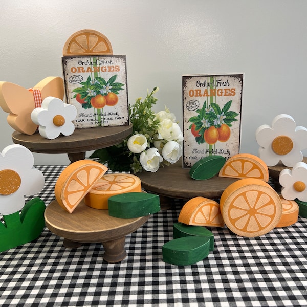 ORANGES, BLOSSOMS, and SIGNS | Wooden | Tiered Tray Decor | Vintage Table Decoration | Retro | Farmhouse Kitchen | Summer Decor |