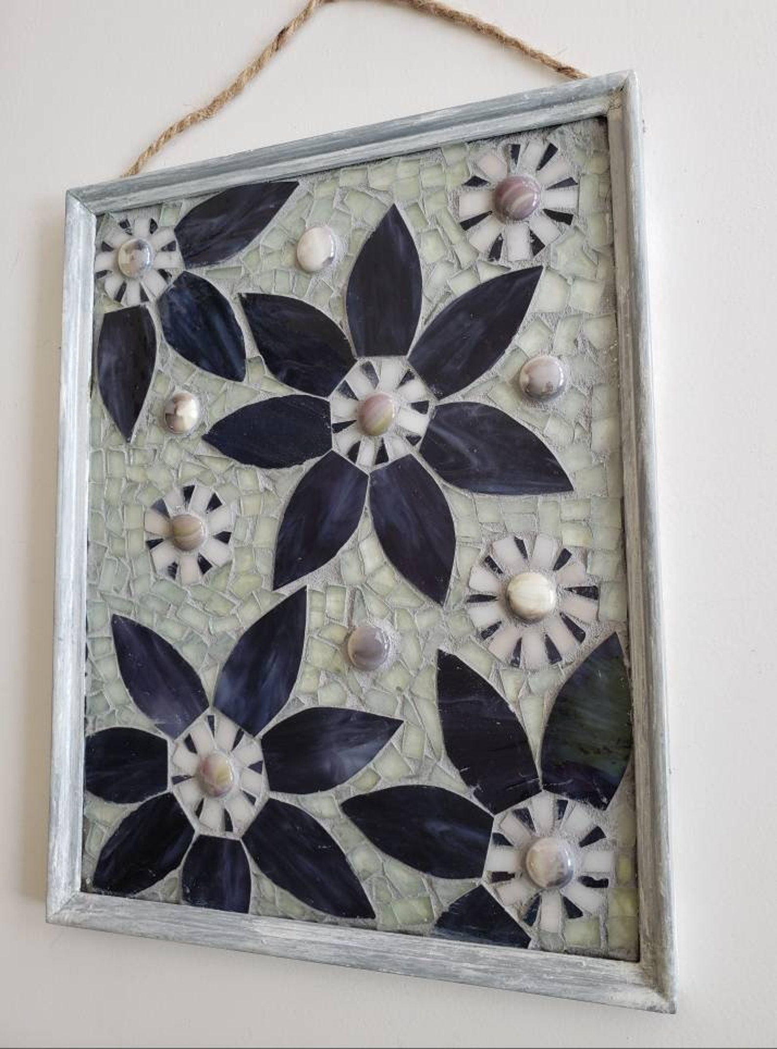 STAINED GLASS FLOWER Mosaic Wall Art Gray Weathered Wood Etsy