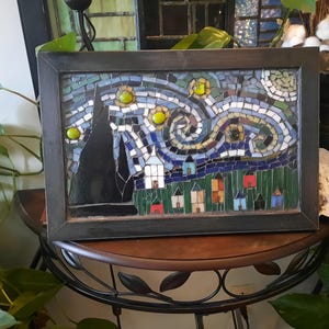 STARRY NIGHT Van Gogh inspired l Mosaic Wall Art | black wood framed Stained Glass | Wall Decor | Unique Gift 18x12"