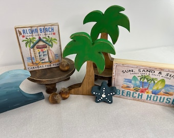 PALM TREES, WAVES, and Starfish | Fun Summer Decor | Wooden | Tiered Tray | Farmhouse | Beach House | Shelf Sitter | Ocean | Pool Party