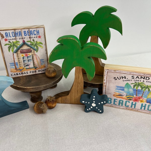 PALM TREES, WAVES, and Starfish | Fun Summer Decor | Wooden | Tiered Tray | Farmhouse | Beach House | Shelf Sitter | Ocean | Pool Party