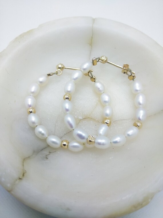 1" Pearl Hoop Earrings, 14k Gold Hoop Earrings