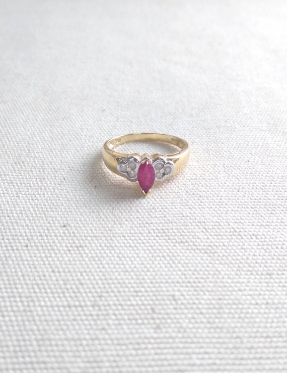 14k Gold Diamond & Marquise Ruby Ring  Size 7  So… - image 1