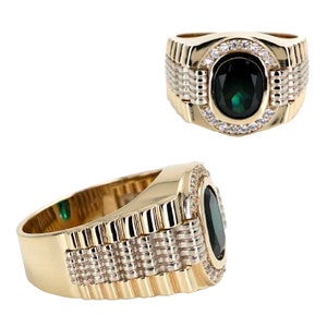 Yellow or Rose 14K Solid Pure Gold Men’s Ring with Oval diamond cut green zircon Total weight around 13 to 15 grams Gift Boys Man