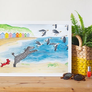 Flock To The Seaside - British Seaside Summertime Art Print - A4 A3 - Poodle and Balloon Dog - Gifts for Dog Lovers