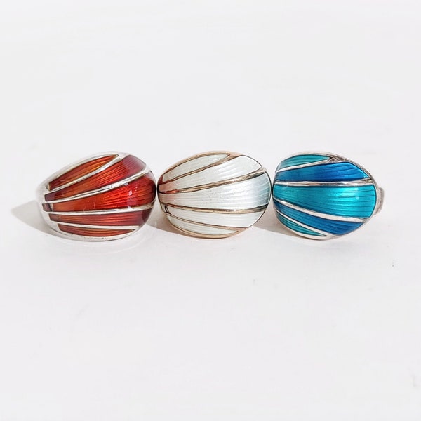 David Anderson Rings, Enamel and Sterling Silver, Adjustable, Cream, Orange, Blue, Collectible 1950s, Three Rings