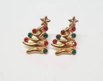 Christmas Earrings, Christmas Tree Earrings, Jewelry, Xmas Earring, Gold Color, Rhinestone Earrings, Red and Green Stone, Holiday