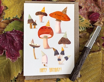 Carte d'anniversaire "Mushroom Party" - Anniversaire automne aquarelle automnale