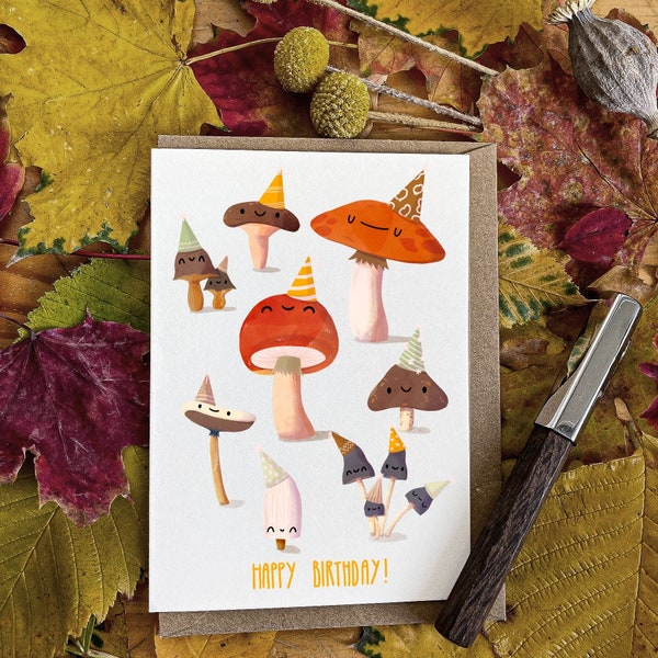 Geburtstagskarte "Pilzparty" - Herbst Geburtstag Aquarell herbstlich